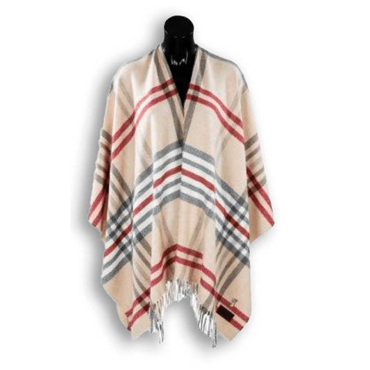 Uldplaiden.dk Poncho Poncho i 10% Cashmere - Beige m. røde tern otherstuff