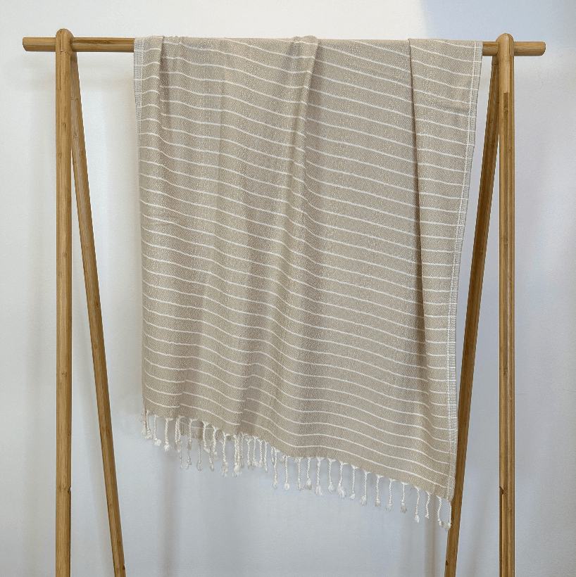 Uldplaiden tæppe Hamam håndklæde - Beige m. hvide striber (95x170 cm) otherstuff