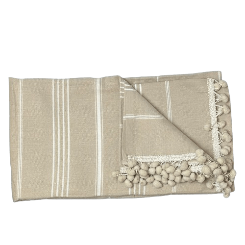 Uldplaiden tæppe Beige m. off white striber Strandtæppe i bomuld - Henne (90x170 cm) otherstuff