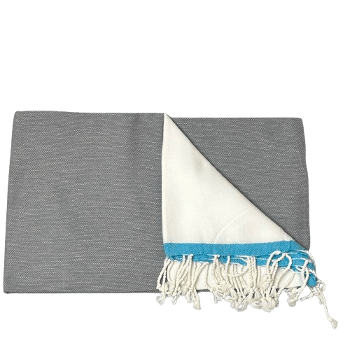 Uldplaiden tæppe Navy m. tyrkis stribe Strandtæppe i bomuld - Henne (90x170 cm) otherstuff