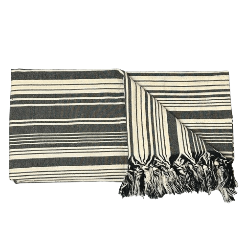 Uldplaiden tæppe Off white m. bredde sorte striber Strandtæppe i bomuld - Skagen (90x170 cm) otherstuff