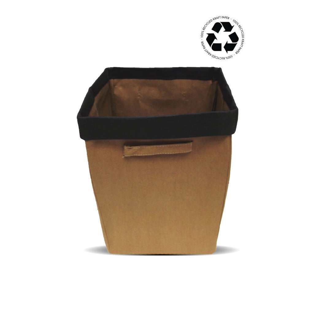 Opbevarings spand med sort kant og hank på 2 sider i vaskbart kraftpapir - OtherStuff.dk